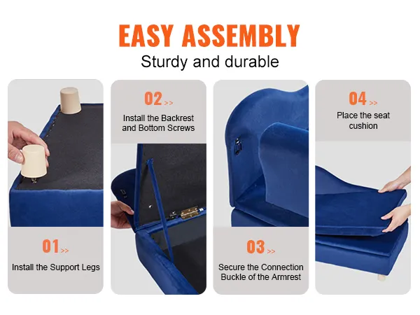 easy assembly of VEVOR pet sofa with blue fabric, demonstrating support leg, backrest, and cushion installation.