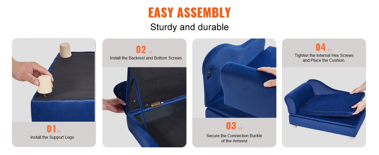 Fácil montaje del sofá para mascotas VEVOR con tela azul, demostrando la instalación de la pata de apoyo, el respaldo y el cojín.