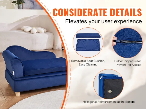 VEVOR pet sofa in blue with removable cushion, hexagonal reinforcement, and hidden zipper puller.
