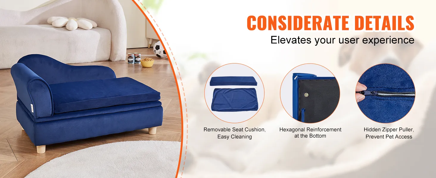Sofá para mascotas VEVOR en color azul con cojín extraíble, refuerzo hexagonal y tirador de cremallera oculto.