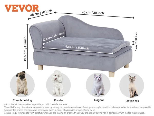 VEVOR pet sofa in grey velvet, dimensions, suitable for pets up to 81 lbs, and includes dog and cat illustrations.