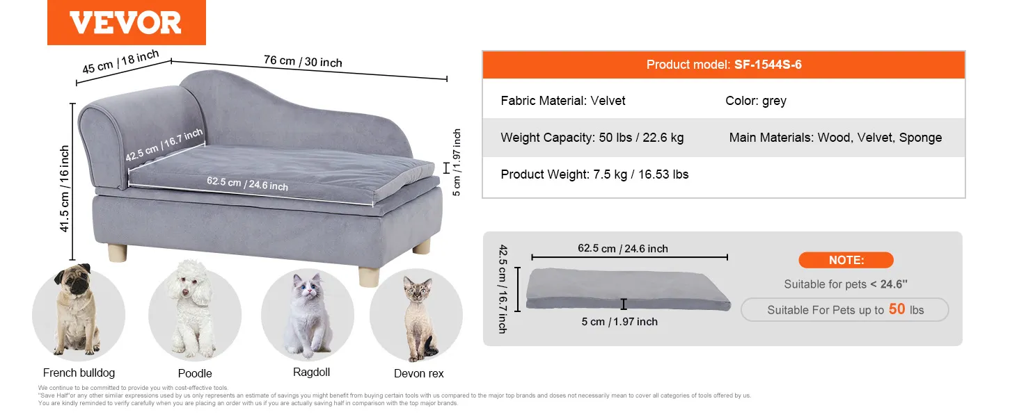 VEVOR pet sofa in grey velvet, dimensions, suitable for pets up to 81 lbs, and includes dog and cat illustrations.