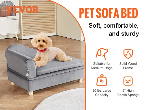 VEVOR pet sofa, soft and sturdy grey sofa bed for medium dogs with an 81 lbs capacity and solid wood frame.