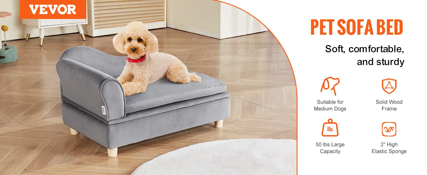VEVOR pet sofa, soft and sturdy grey sofa bed for medium dogs with an 81 lbs capacity and solid wood frame.