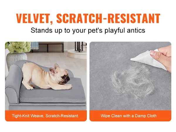VEVOR pet sofa with velvet fabric, scratch-resistant, easy to clean, tight-knit weave, and durable.