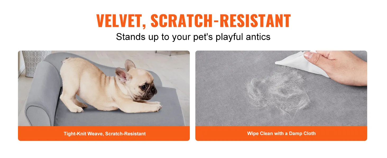 VEVOR pet sofa with velvet fabric, scratch-resistant, easy to clean, tight-knit weave, and durable.