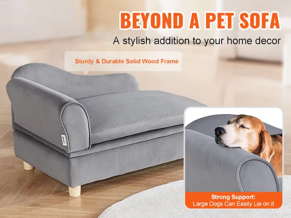 VEVOR pet sofa with solid wood frame, supporting large dogs, available in blue, gray, and brown.