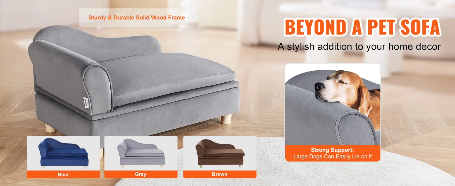 VEVOR pet sofa with solid wood frame, supporting large dogs, available in blue, gray, and brown.