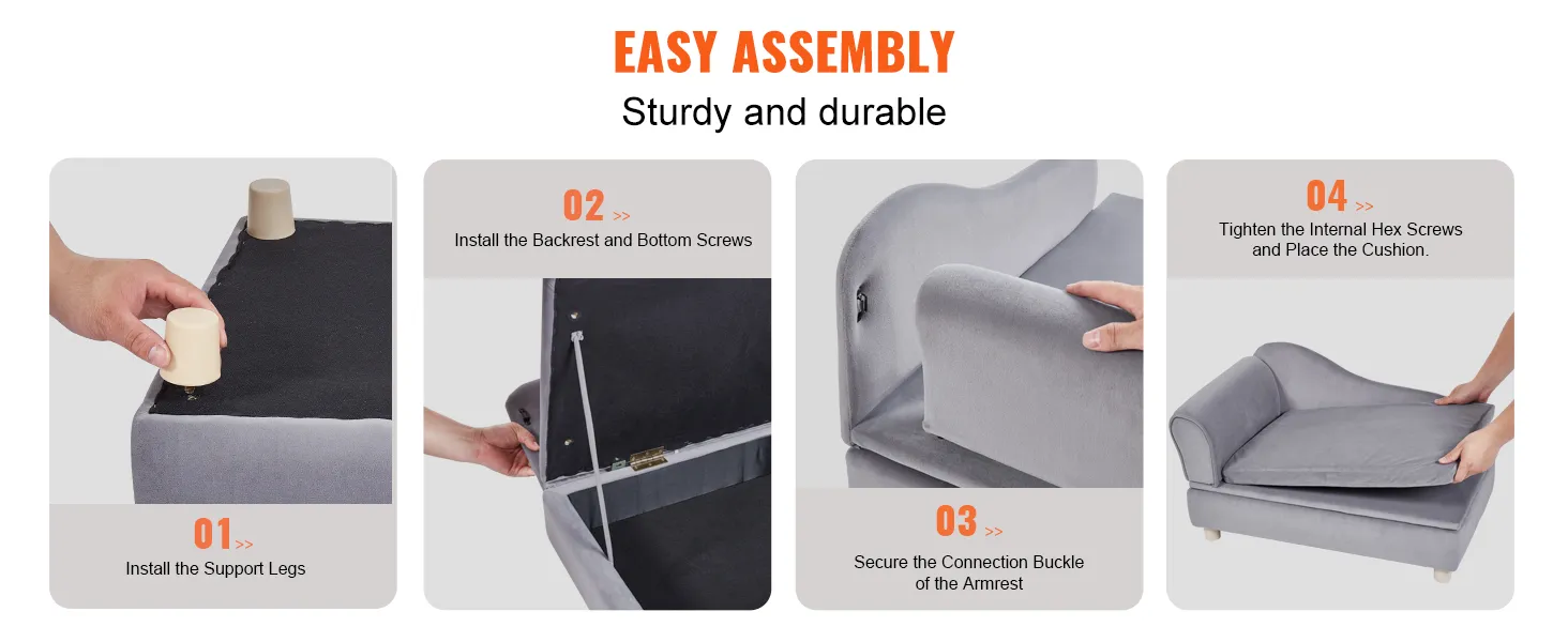 easy assembly guide for the VEVOR pet sofa, featuring steps to install legs, screws, and cushion.