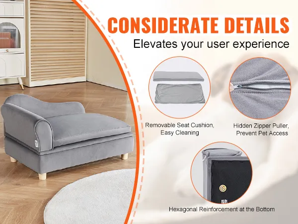 VEVOR pet sofa with removable cushion, hexagonal reinforcement, and hidden zipper puller prevention.