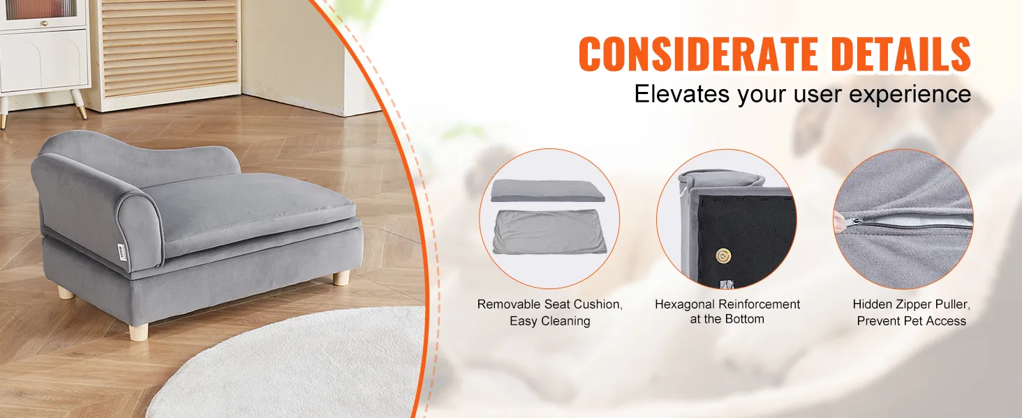 VEVOR pet sofa with removable cushion, hexagonal reinforcement, and hidden zipper puller prevention.