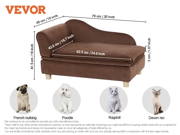 VEVOR pet sofa in brown velvet, 45x76x41.5 cm, supports up to 81 lbs, with sleeping surface 24.6"x16.7".