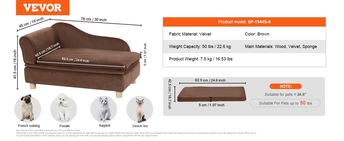 VEVOR pet sofa in brown velvet, 45x76x41.5 cm, supports up to 81 lbs, with sleeping surface 24.6"x16.7".