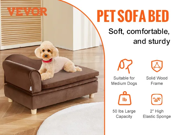VEVOR pet sofa featuring a dog on a brown sofa bed, highlighting comfort and sturdy wood frame for medium dogs.