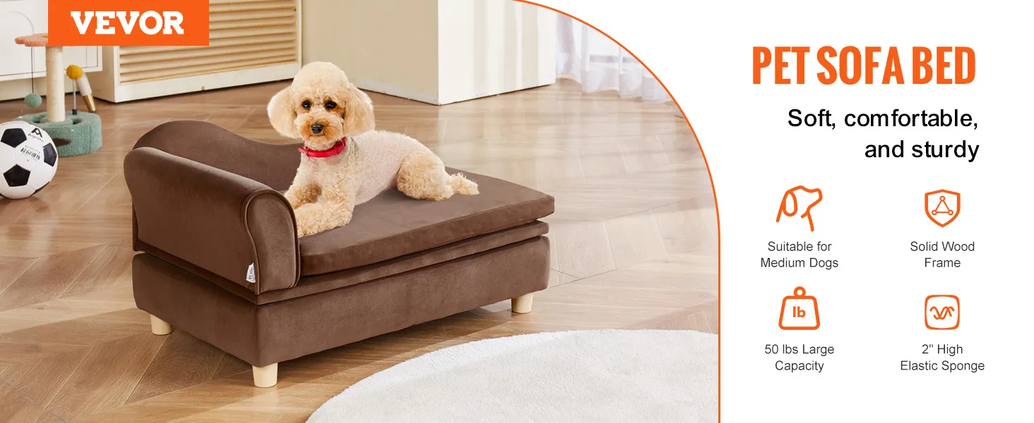 VEVOR pet sofa featuring a dog on a brown sofa bed, highlighting comfort and sturdy wood frame for medium dogs.