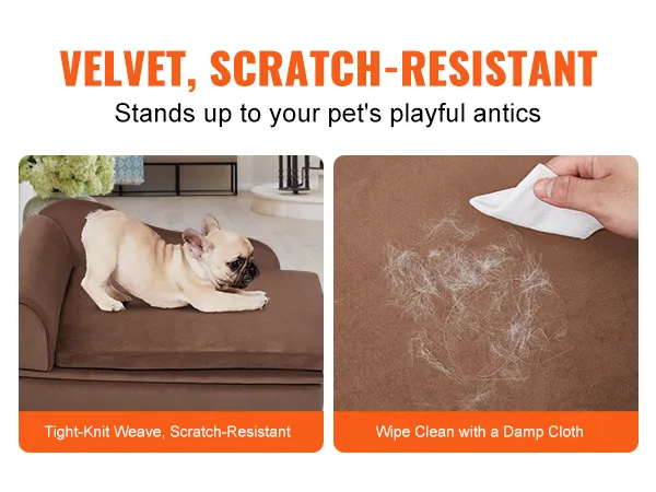 french bulldog on VEVOR pet sofa, a scratch-resistant velvet couch, easy to clean with a damp cloth.