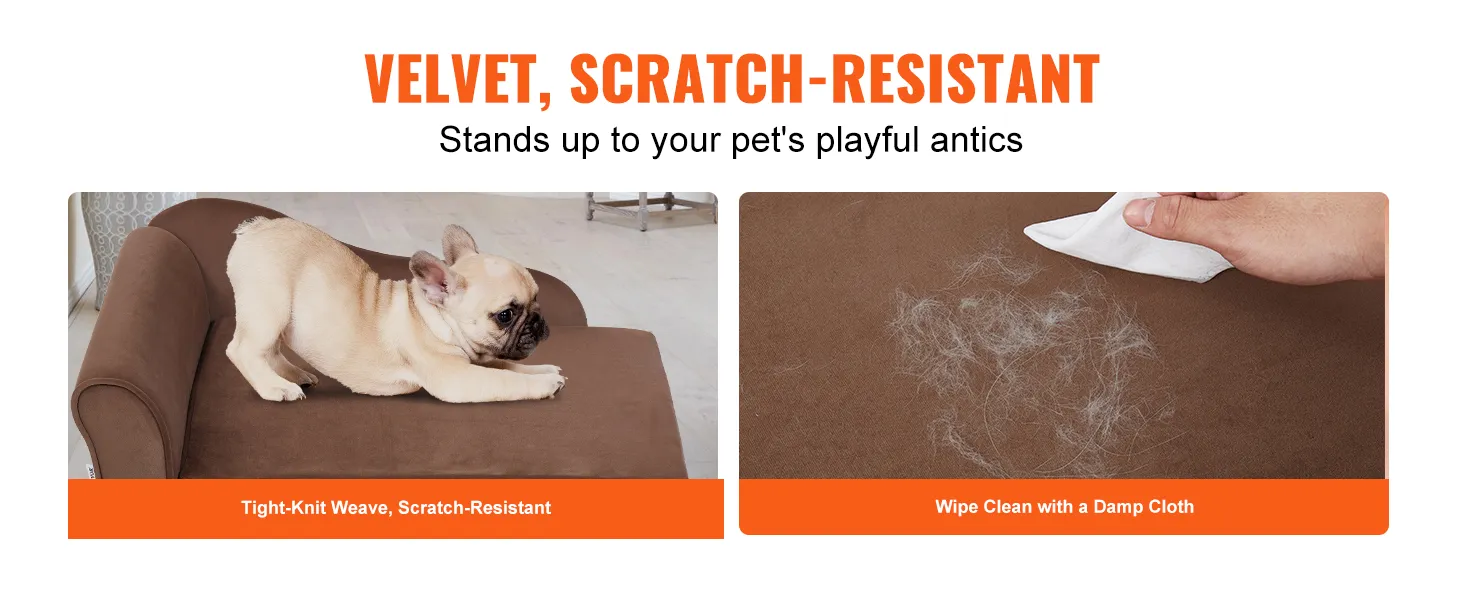 french bulldog on VEVOR pet sofa, a scratch-resistant velvet couch, easy to clean with a damp cloth.