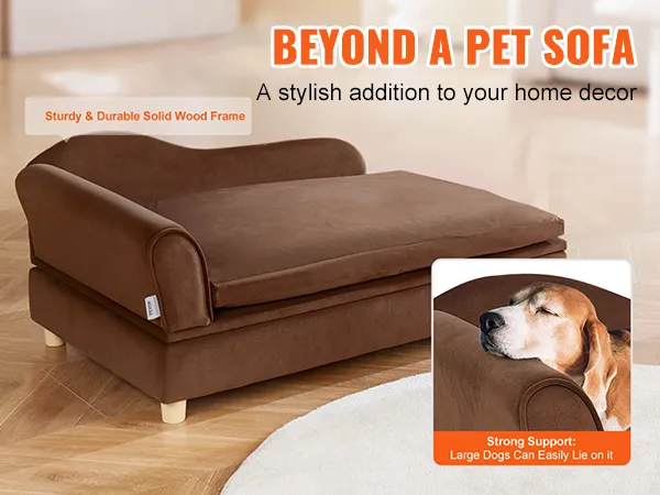 VEVOR pet sofa in brown with sturdy wood frame, available in blue, gray, and brown, featuring a dog.
