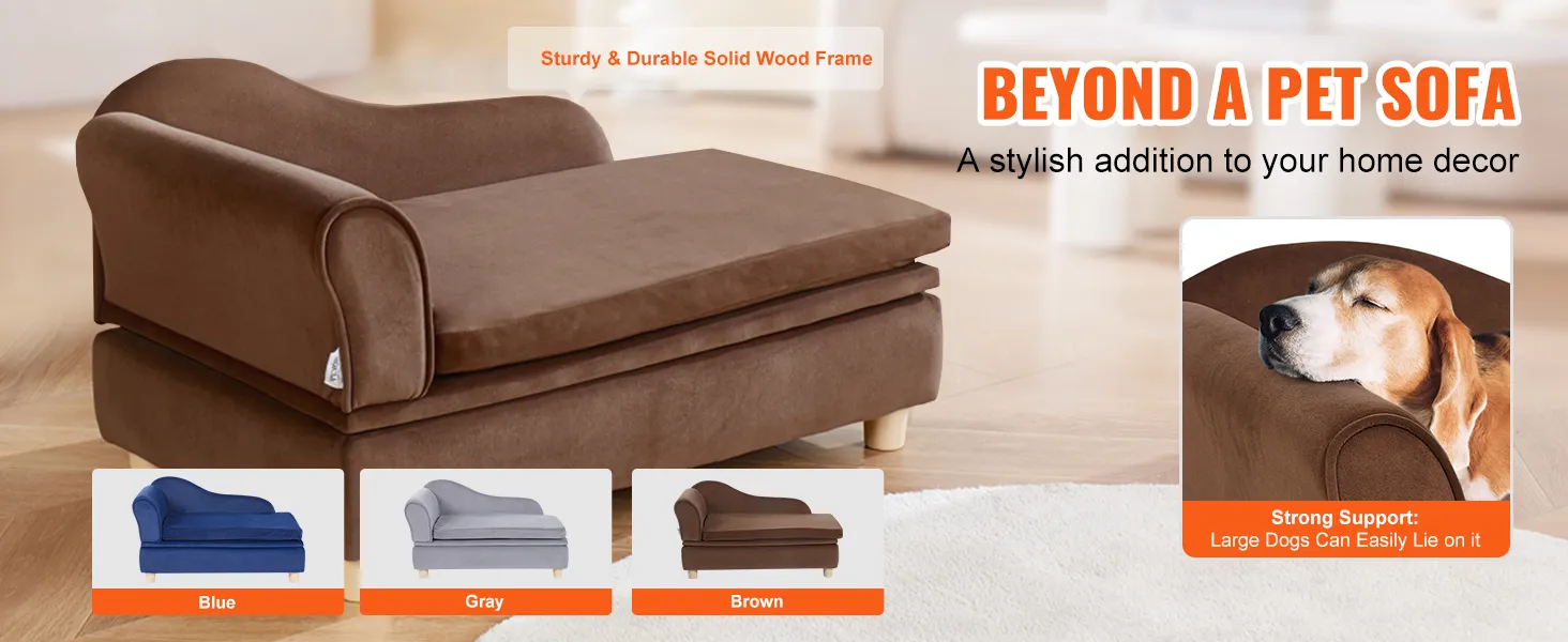 VEVOR pet sofa in brown with sturdy wood frame, available in blue, gray, and brown, featuring a dog.