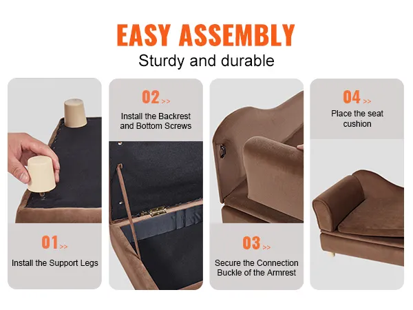 easy assembly guide for sturdy VEVOR pet sofa, including installing legs, screws, buckles, and cushion.