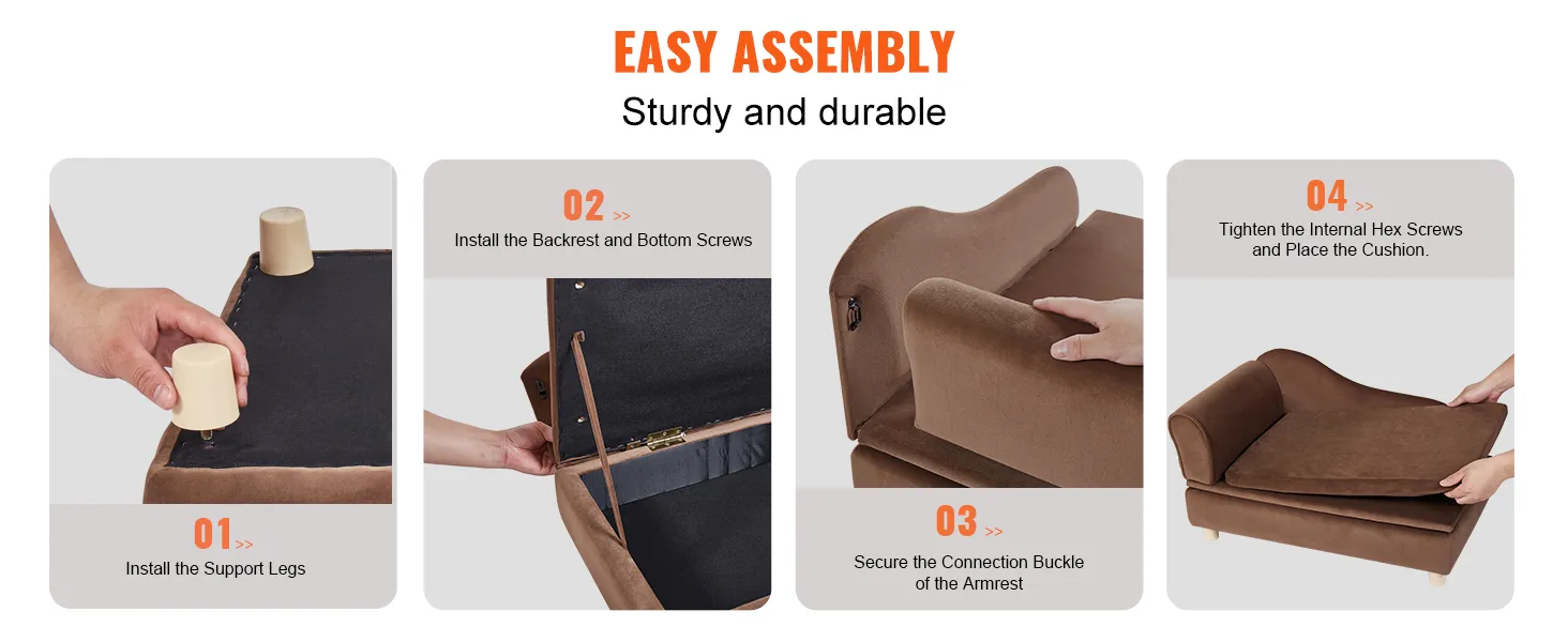 easy assembly guide for sturdy VEVOR pet sofa, including installing legs, screws, buckles, and cushion.