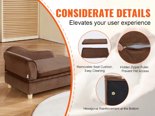 VEVOR pet sofa: removable seat cushion, hexagonal reinforcement, hidden zipper puller for pets.