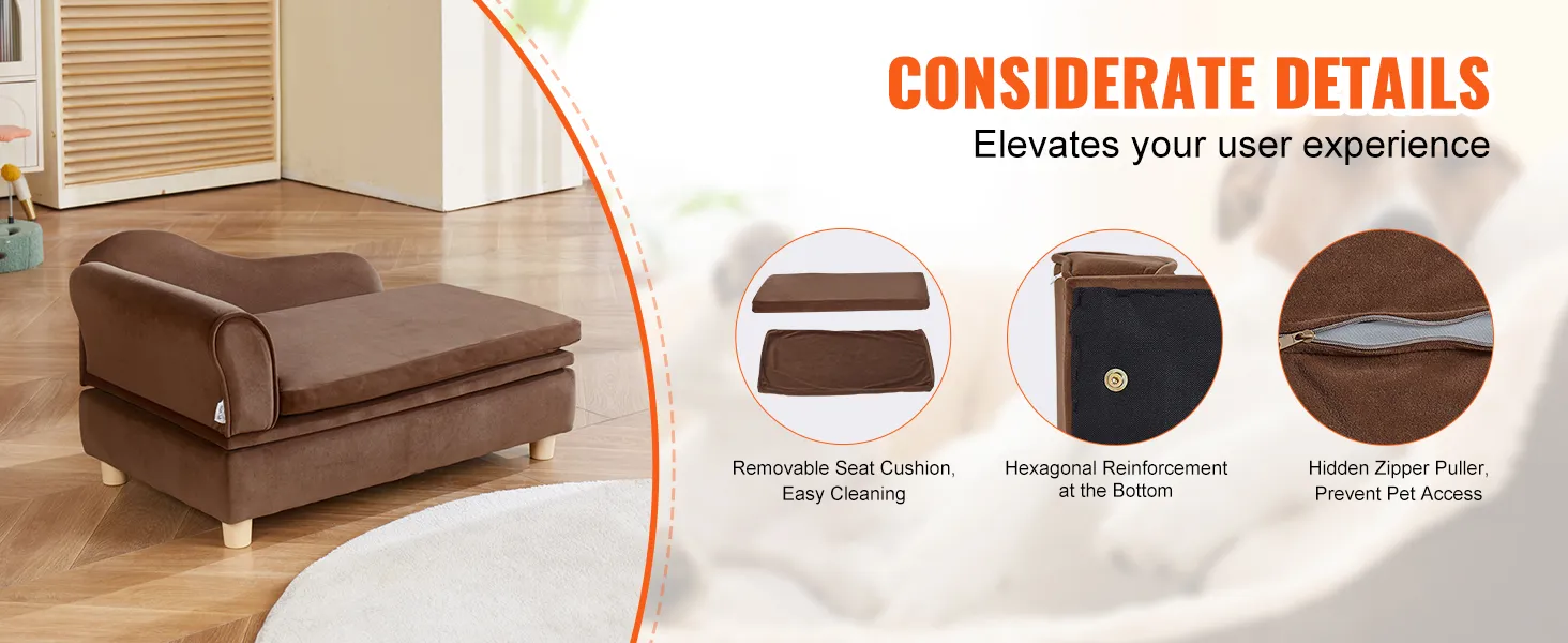 VEVOR pet sofa: removable seat cushion, hexagonal reinforcement, hidden zipper puller for pets.