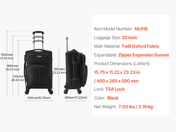 VEVOR 20 Inch Expandable Luggage – TSA Lock, 7.03lbs, 24in