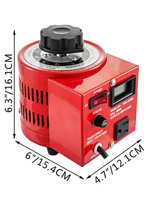 Transformador variable VEVOR rojo con dial de potencia y dimensiones indicadas en centímetros.