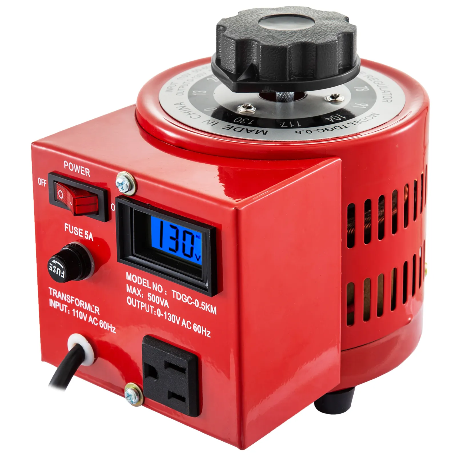 Transformador variable VEVOR rojo con pantalla digital, fusible y perilla ajustable.