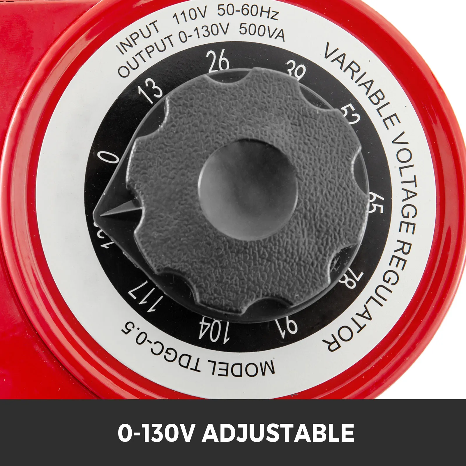 Perilla negra en el dial del transformador variable VEVOR rojo que muestra voltaje ajustable de 0 a 130 V.