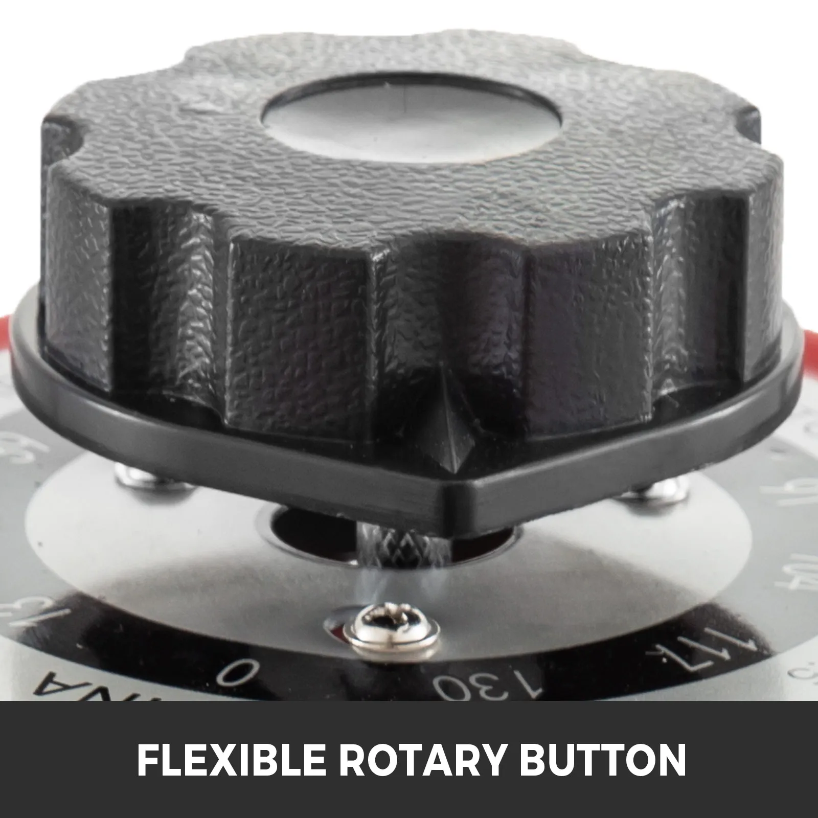 Botón giratorio negro en un transformador variable VEVOR con perilla de ajuste flexible.