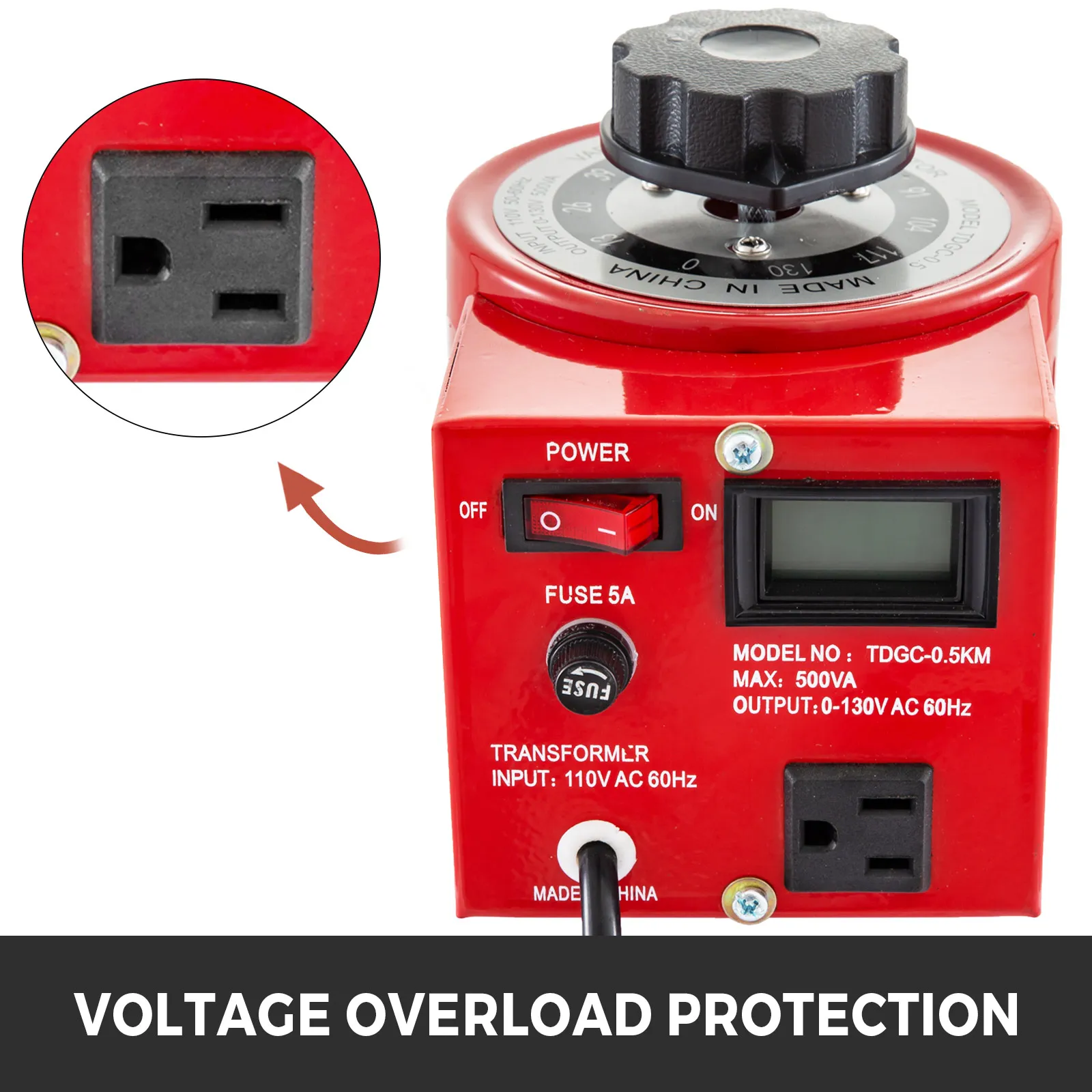 Transformador variable VEVOR rojo con funciones de protección contra sobrecarga y configuraciones del panel de control.