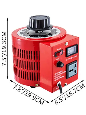 Transformador automático VEVOR rojo con voltímetro, toma de corriente y perilla de control.