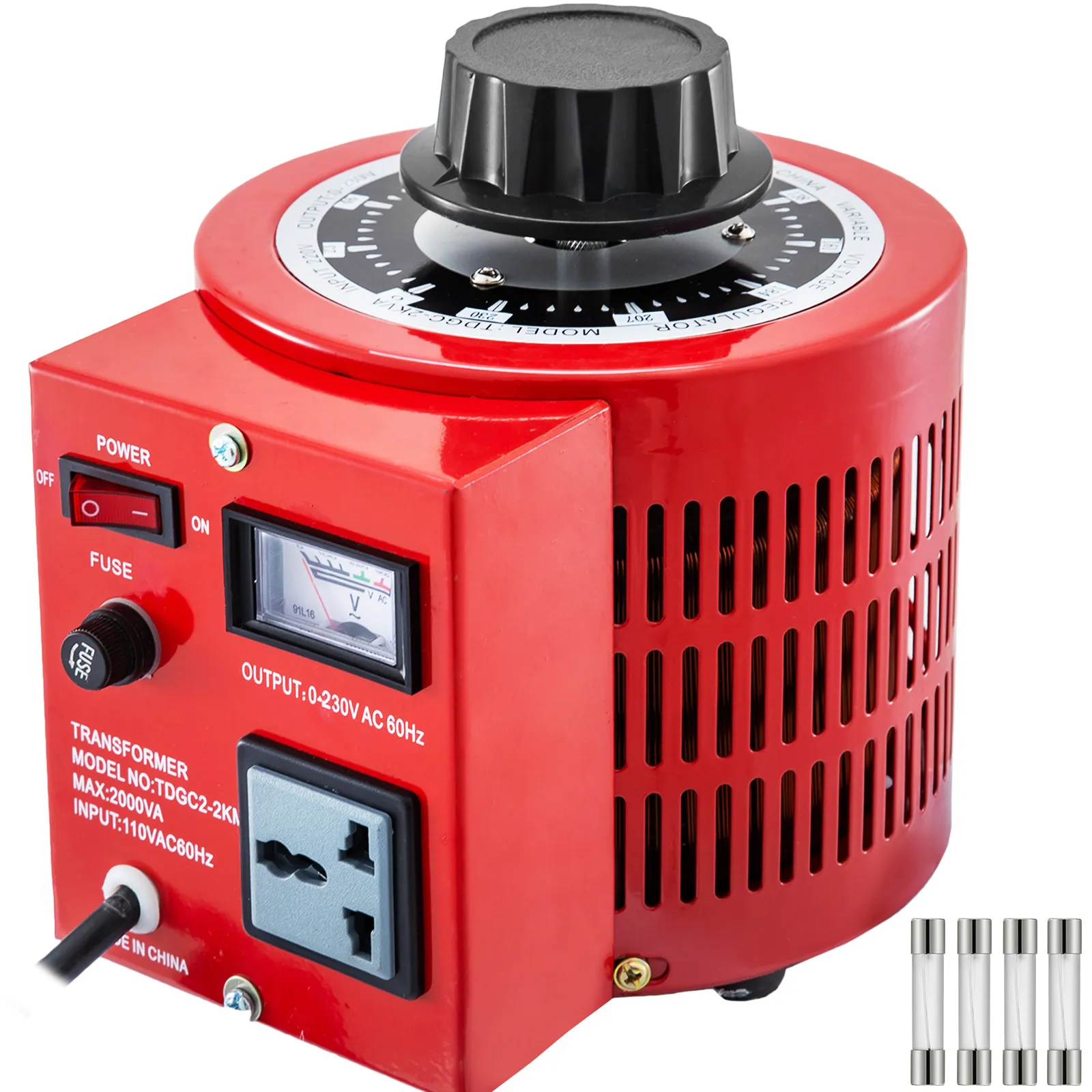 Transformador automático VEVOR rojo con dial, interruptor de encendido y fusibles incluidos.