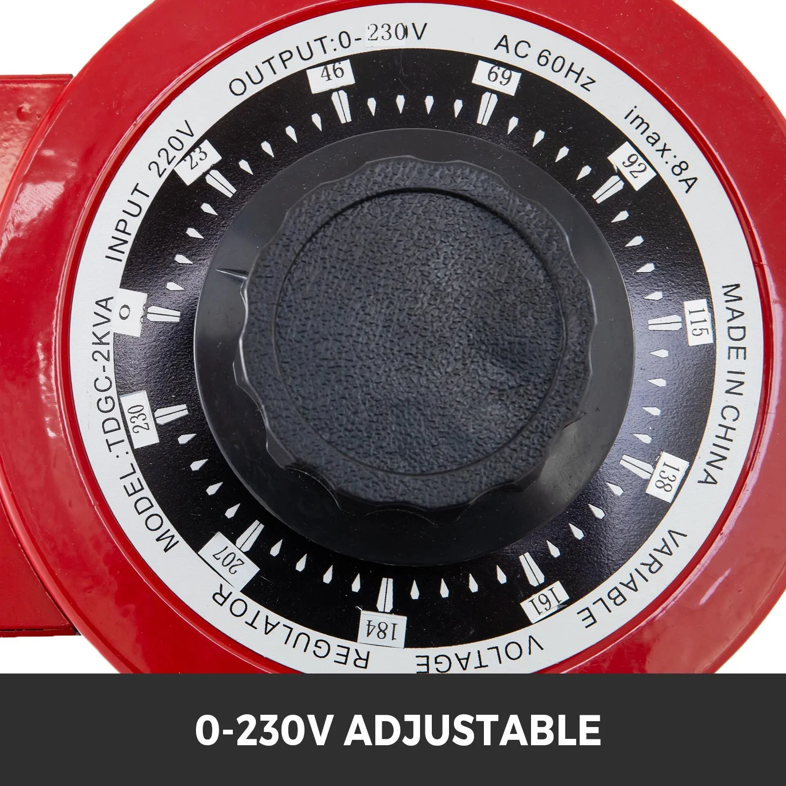 Dial del transformador automático VEVOR que muestra configuraciones ajustables de 0 a 230 V, perilla negra, carcasa roja.