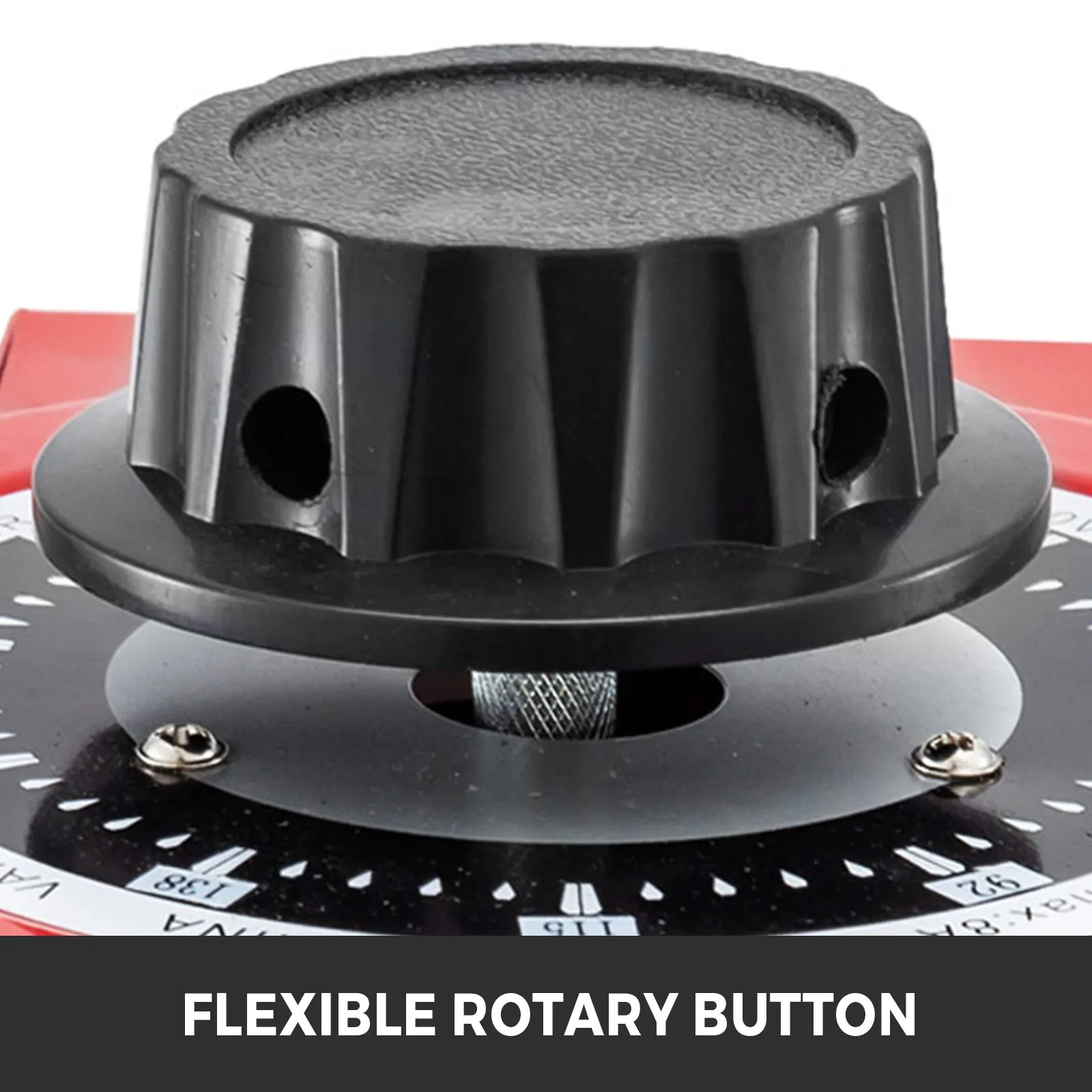 Botón giratorio negro con dial en autotransformador VEVOR, etiquetado como "botón giratorio flexible".