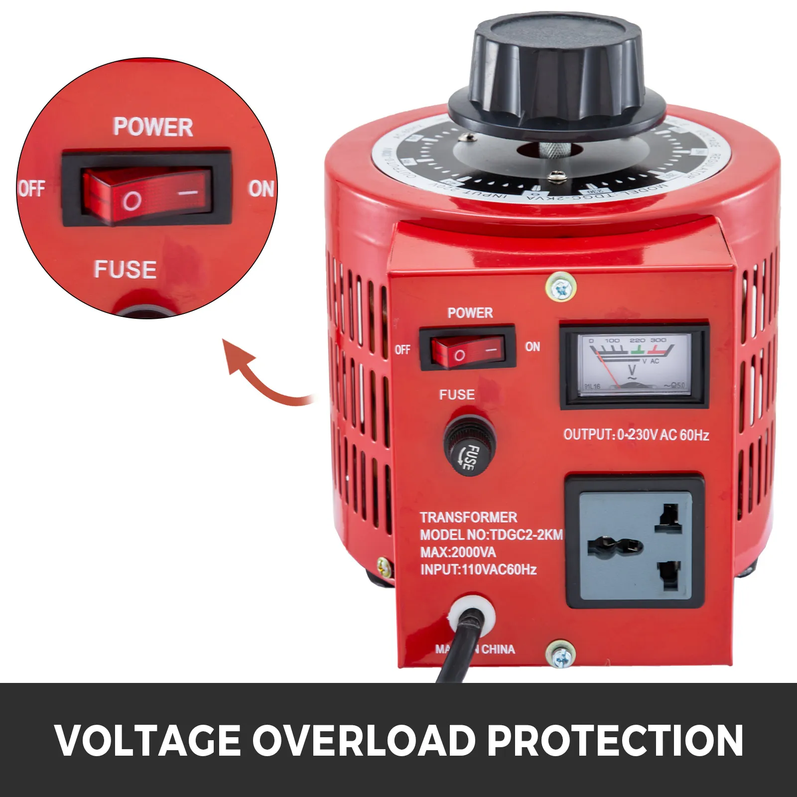 Transformador automático VEVOR con voltímetro, interruptor de encendido, fusible y toma de corriente.