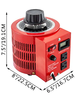 Transformador variable VEVOR, color rojo, con dimensiones marcadas y perillas de control visibles.