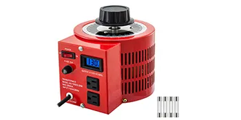 Transformador variable VEVOR rojo con pantalla lcd y múltiples fusibles incluidos.