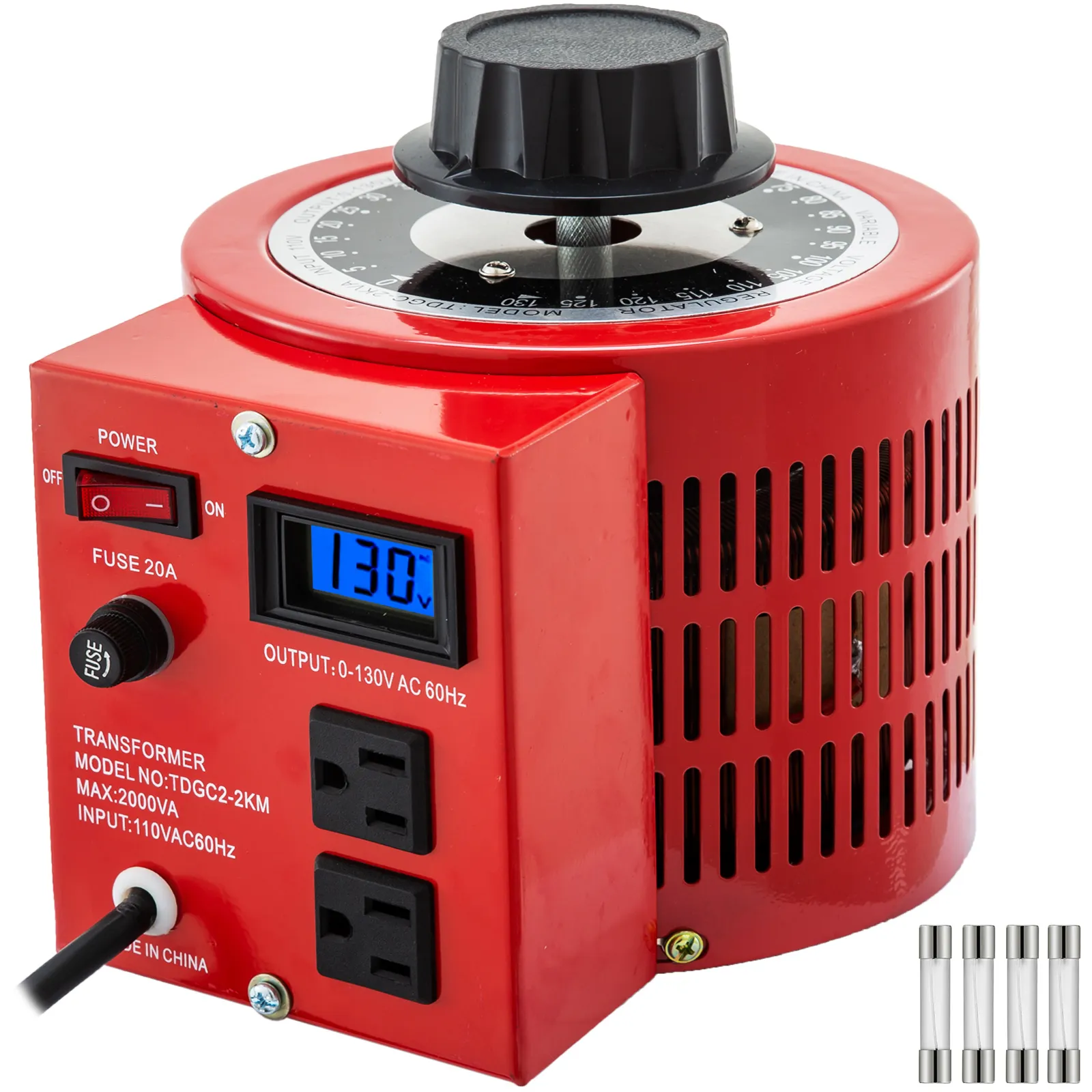 Transformador variable VEVOR rojo con pantalla de voltaje digital y perilla de dial ajustable.