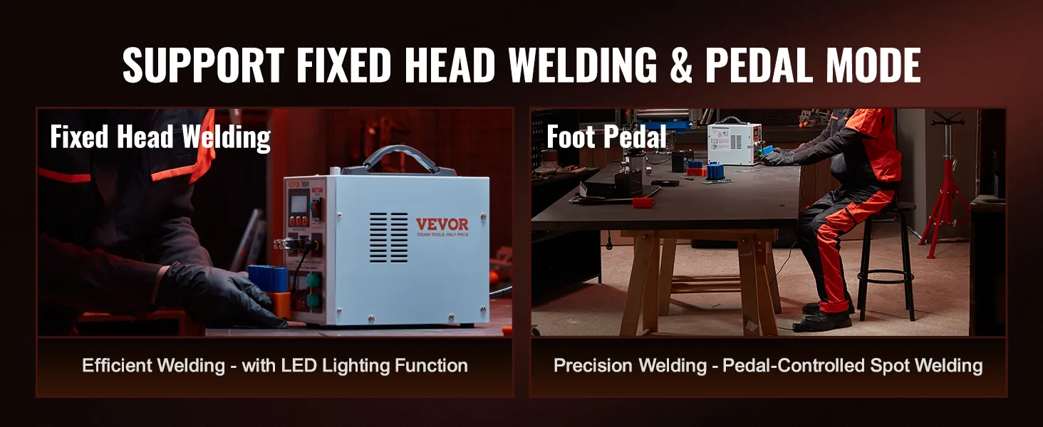 De VEVOR accu puntlasmachine ondersteunt lassen met vaste kop en pedaalmodus met ledverlichting en precisie.