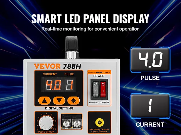 VEVOR accu-puntlasapparaat met slim led-paneel, waarop de stroom- en pulsinstellingen op een strak display worden weergegeven.