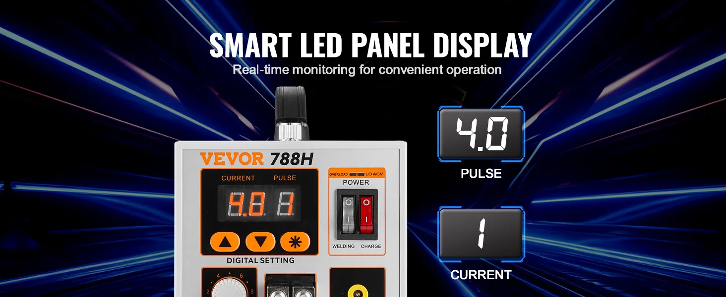 VEVOR accu-puntlasapparaat met slim led-paneel, waarop de stroom- en pulsinstellingen op een strak display worden weergegeven.