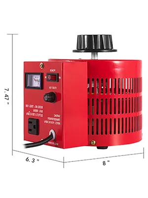 Regulador de voltaje VEVOR rojo con medidas, perilla de control, enchufes y pantalla.