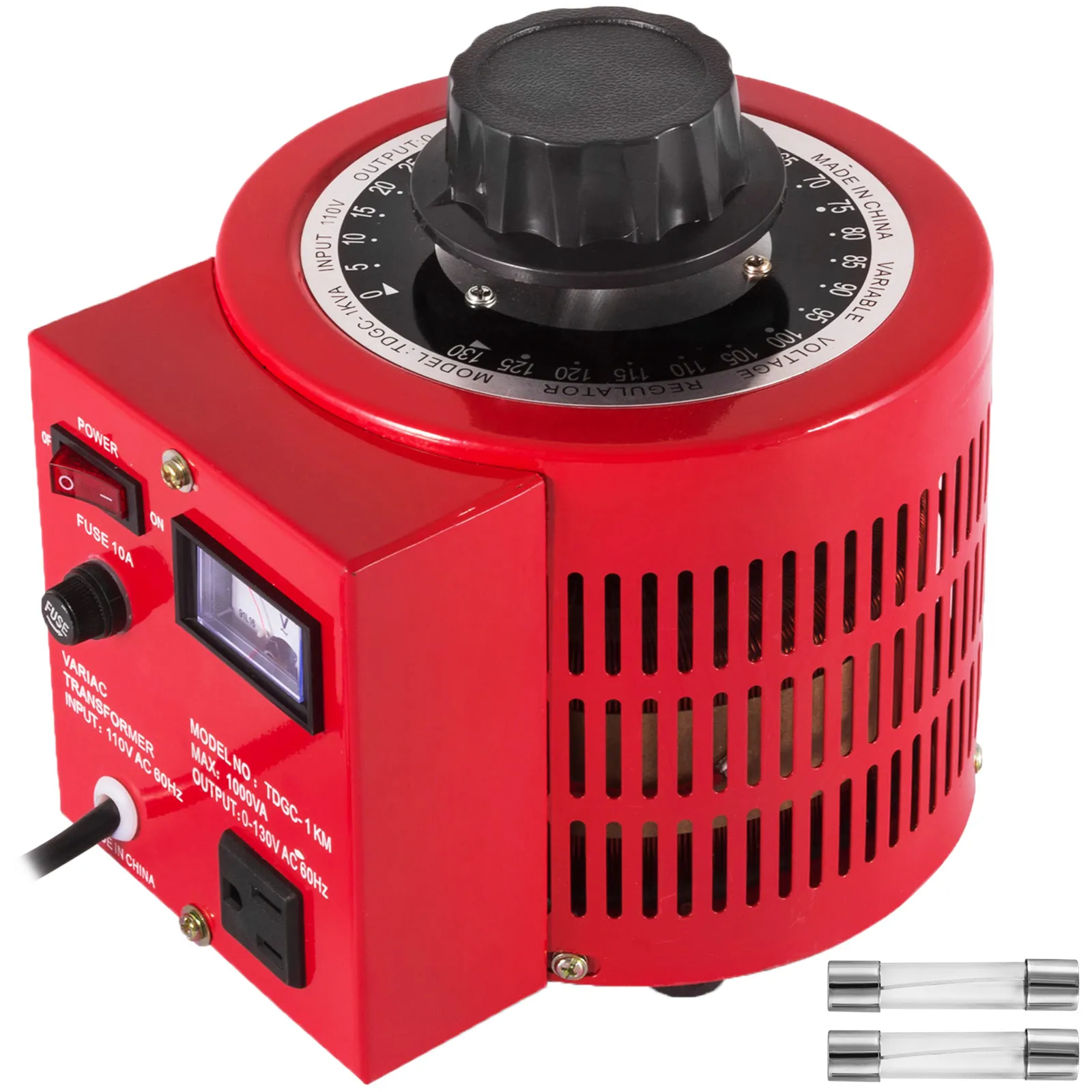Regulador de voltaje VEVOR rojo con perilla de control, interruptor de encendido, pantalla LCD y fusible.