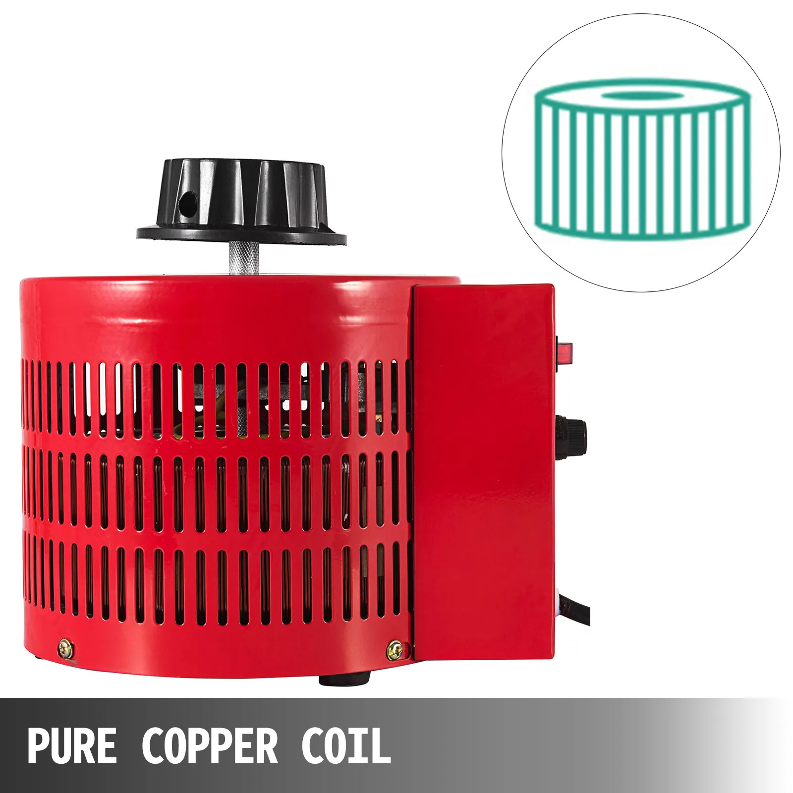 Regulador de voltaje VEVOR con bobina de cobre puro, carcasa roja y perilla negra.
