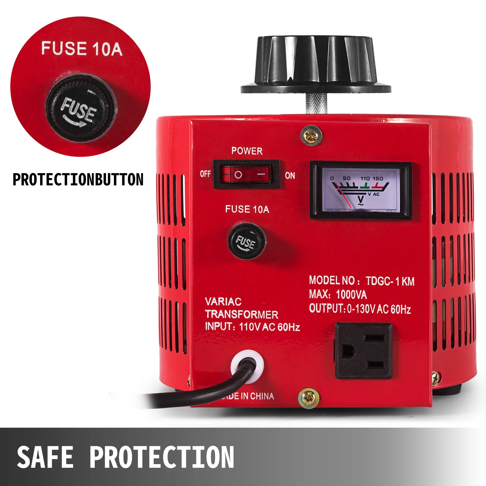 Regulador de voltaje VEVOR rojo con botón fusible e interruptor de encendido.