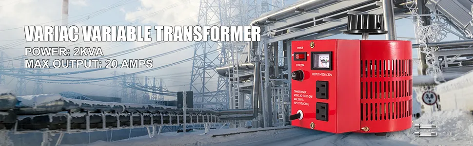 Transformador variable VEVOR rojo en un entorno industrial con especificaciones de potencia.