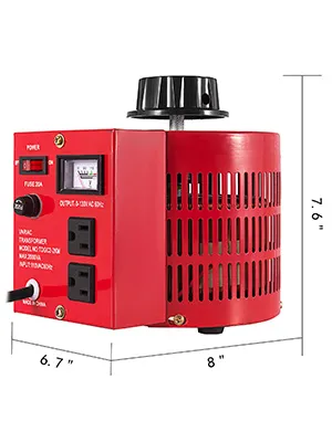 Transformador variable VEVOR, carcasa roja, perilla de control y salida, dimensiones: 8"x6.7"x7.6".